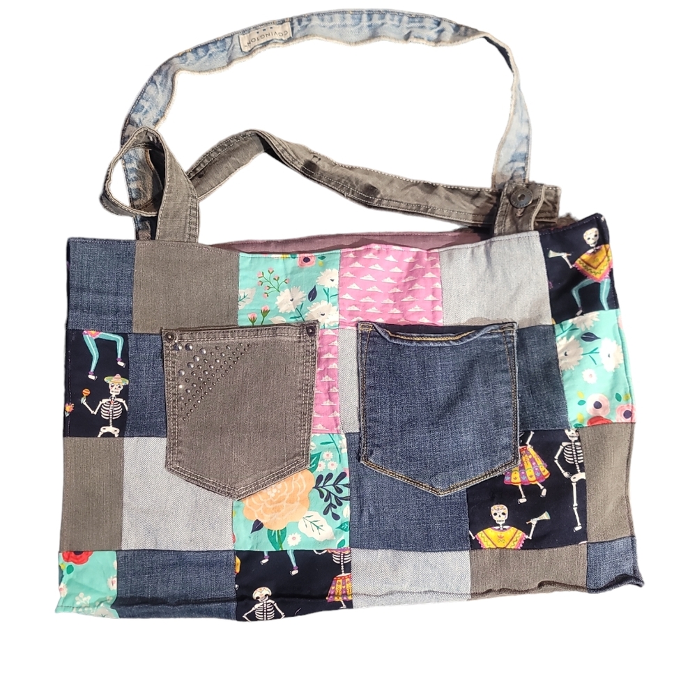 Extra large patchwork tote bag handmade from upcycled jeans